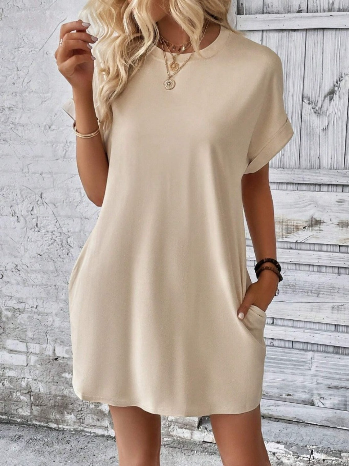 Pocketed Round Neck Short Sleeve Dress - Classique Collection