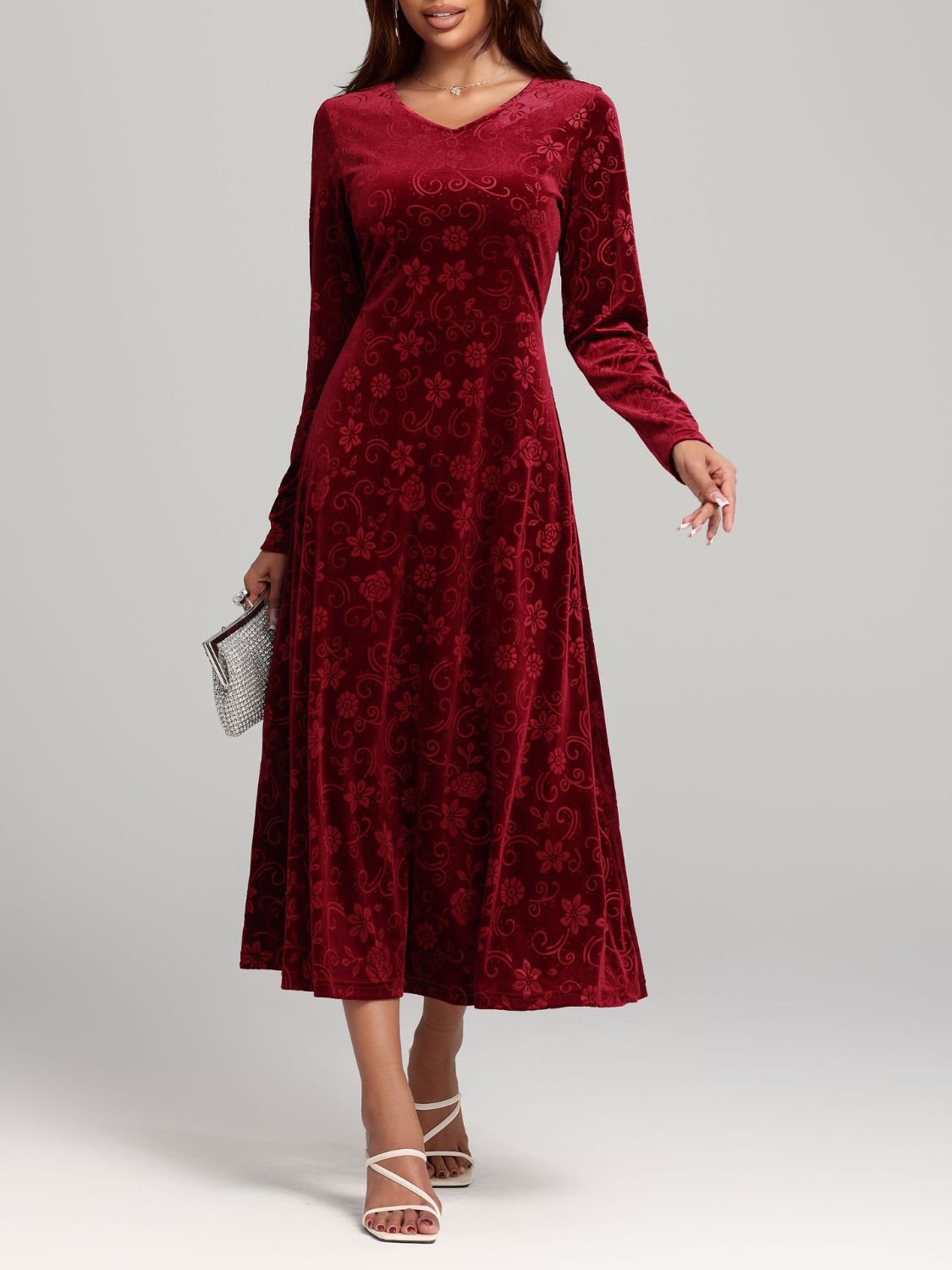 Flower Print V-Neck Long Sleeve Midi Dress - Classique Collection