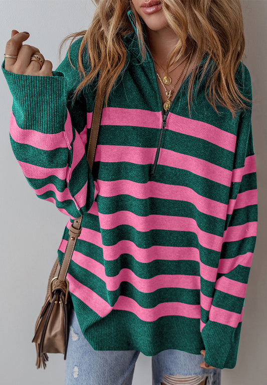 Contrast Striped Quarter Zip Long Sleeve Sweater - ClassiQ