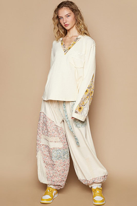POL Lace Detail Flower Printed V-Neck Knit Top - Classique Collection