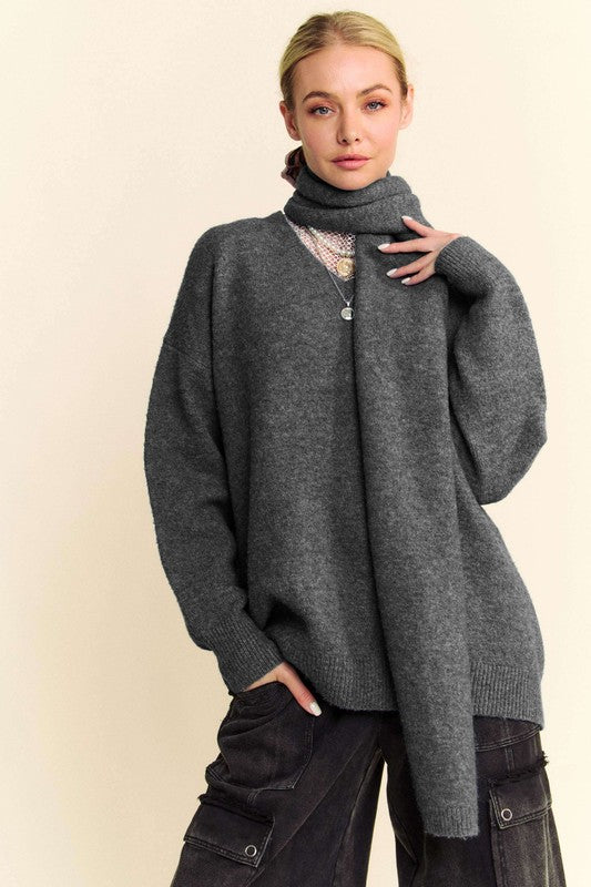 Davi & Dani V-Neck Dropped Shoulder Sweater with Scarf Set - ClassiQ