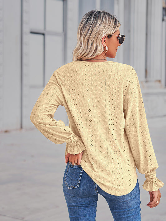 V-Neck Eyelet Flounce Sleeve Blouse - Classique Collection