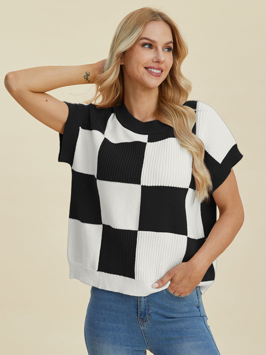 Double Take Full Size Checkered Round Neck Short Sleeve Sweater - ClassiQ