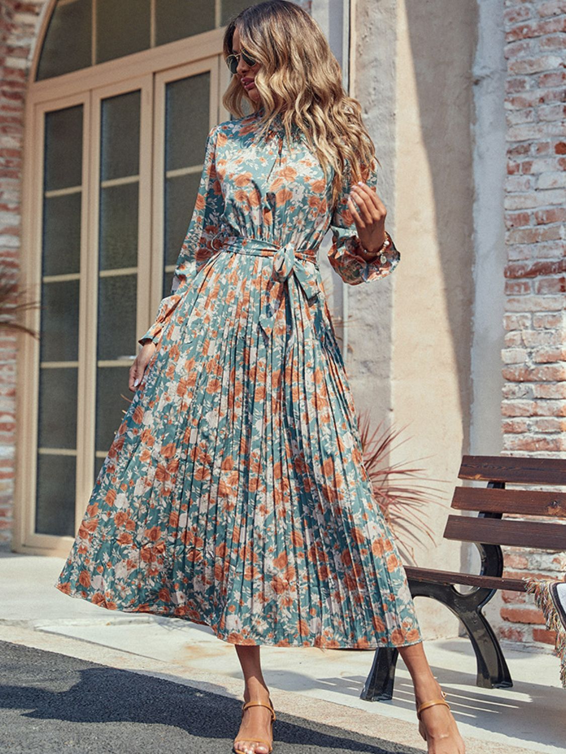 Perfee Tied Pleated Printed Mock Neck Long Sleeve Dress - Classique Collection