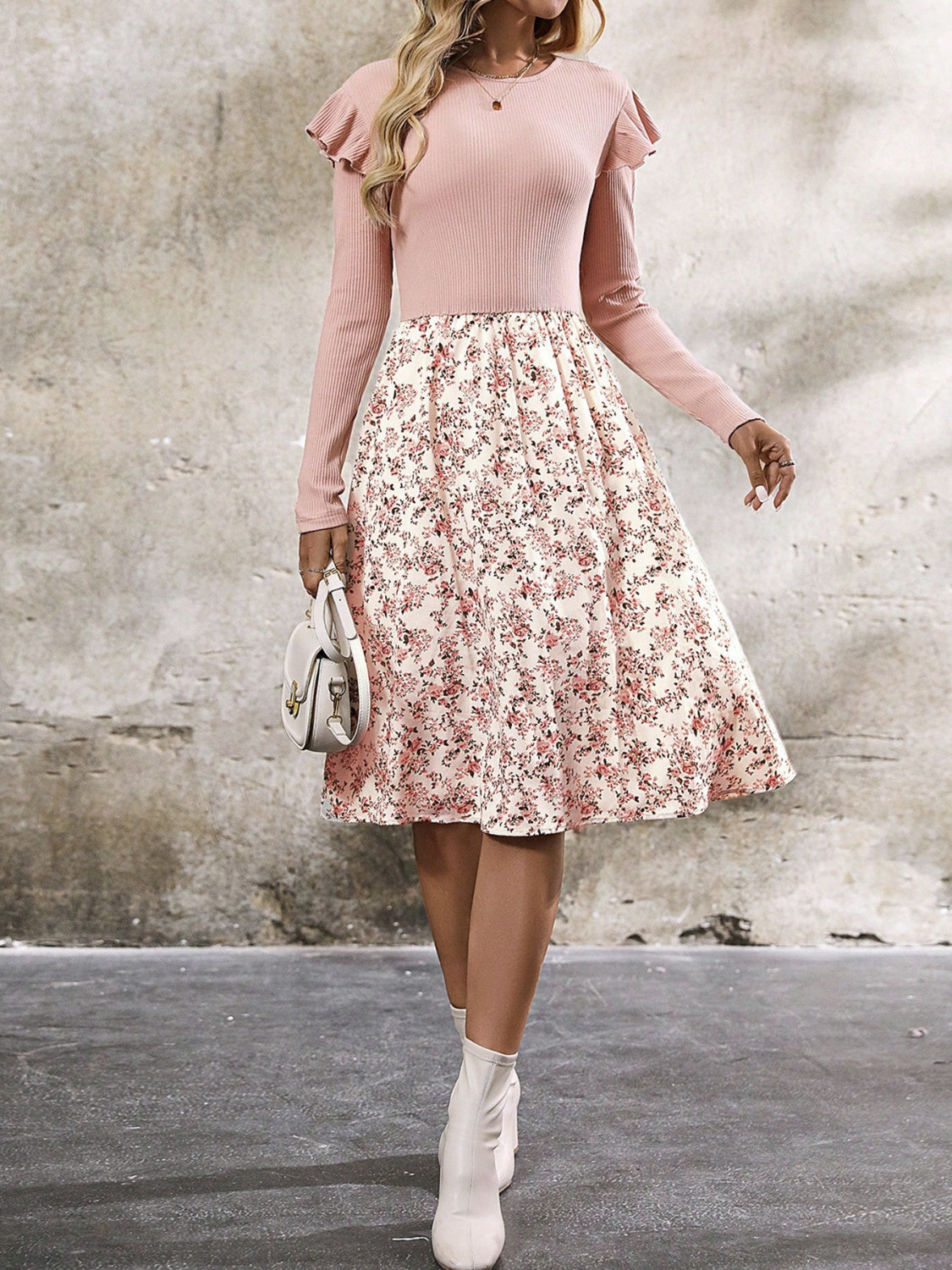 Ruffled Floral Long Sleeve Knee Length Dress - Classique Collection