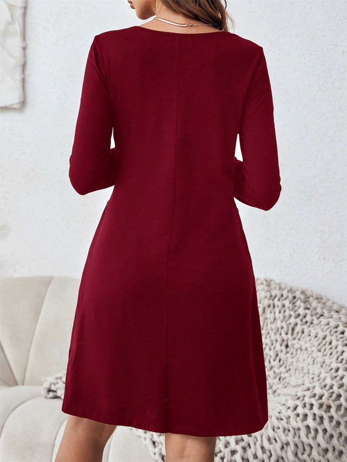 Round Neck Long Sleeve Mini Dress with Pockets - Classique Collection
