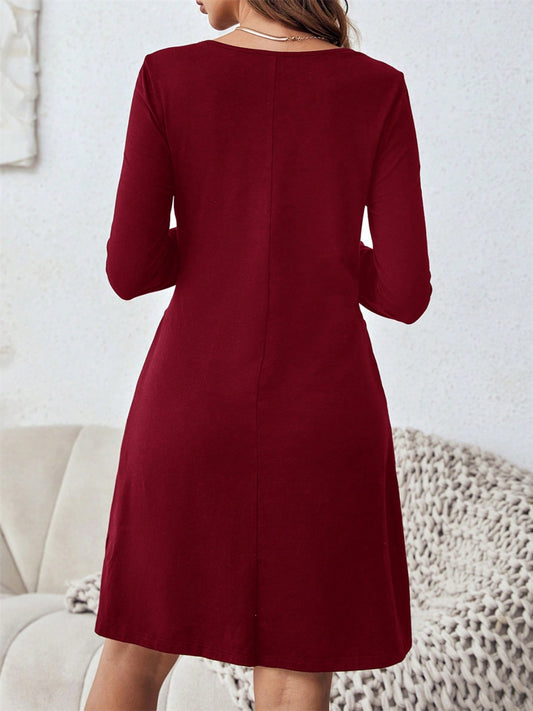 Round Neck Long Sleeve Mini Dress with Pockets - Classique Collection