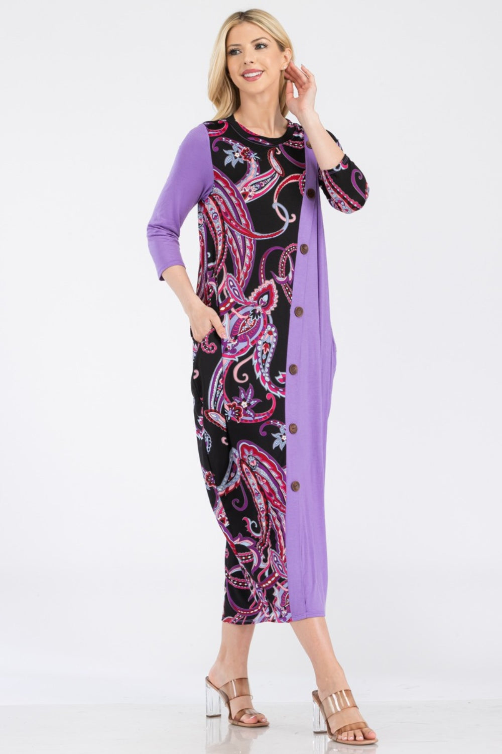 Celeste Full Size Paisley Contrast Midi Dress with Pockets - Classique Collection