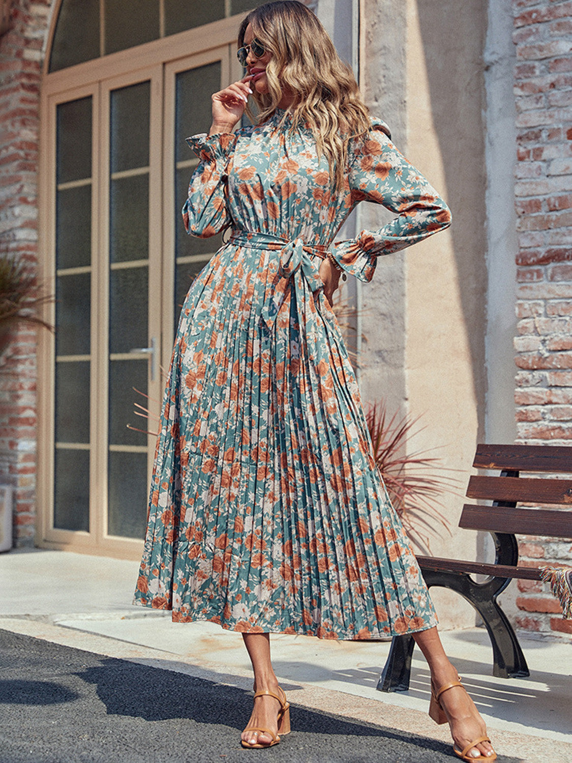 Perfee Tied Pleated Printed Mock Neck Long Sleeve Dress - Classique Collection