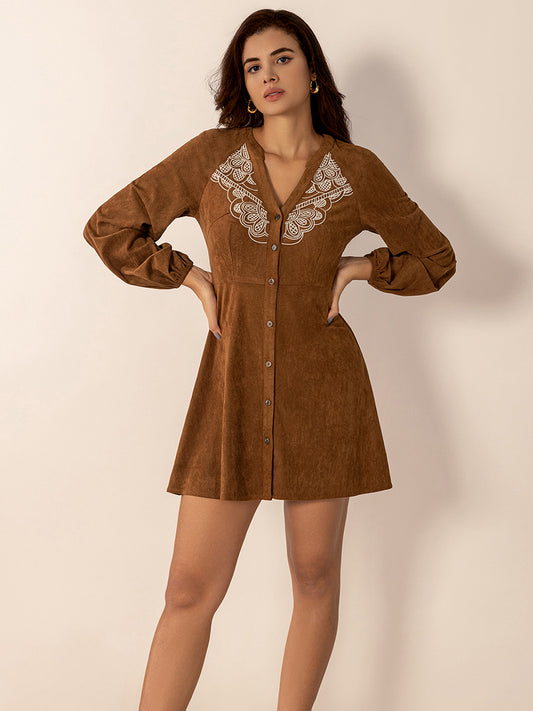 Notched Button Down Long Sleeve Mini Dress - Classique Collection