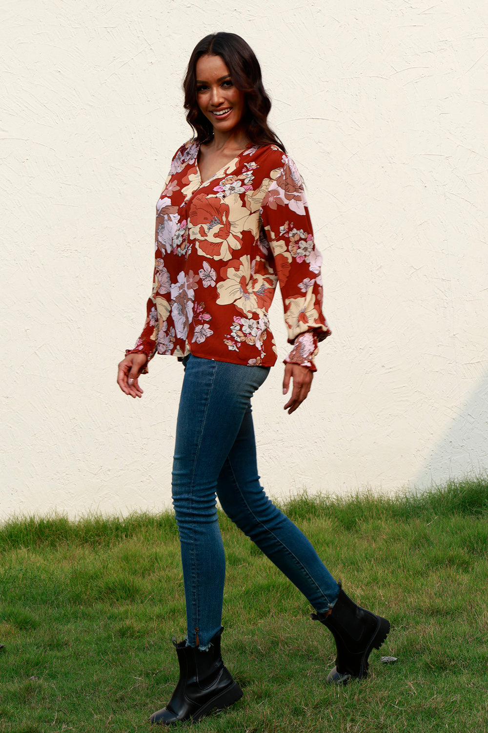 Floral V-Neck Smocked Lantern Sleeve Blouse - Classique Collection