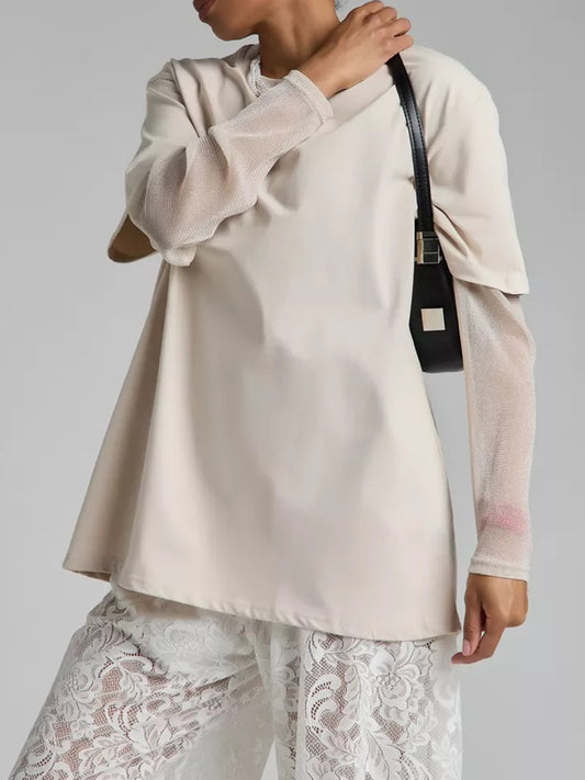 Faux Layered Round Neck Mesh Sleeve Top - Classique Collection