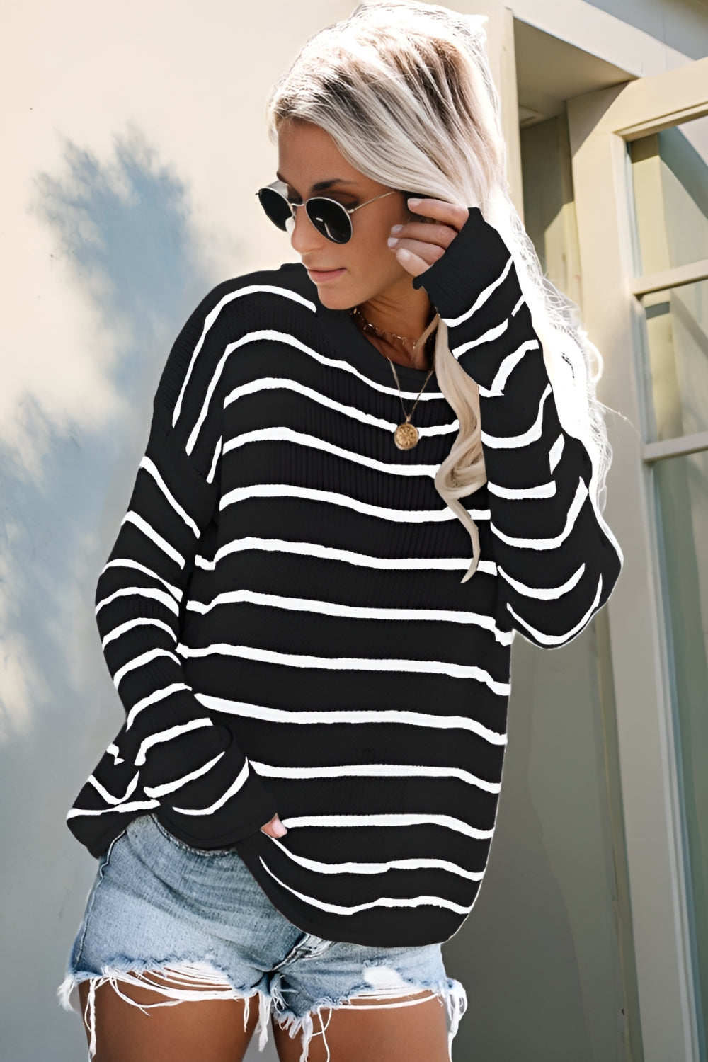 Striped Round Neck Drop Shoulder Sweater - Classique Collection