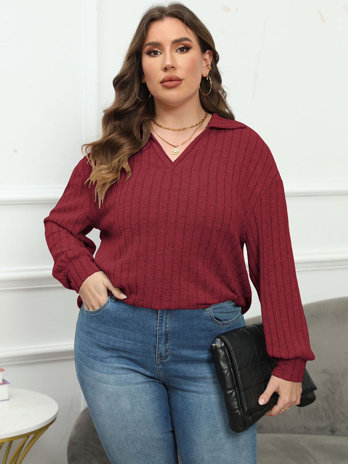 Plus Size Ribbed Collared Neck Long Sleeve Blouse - Classique Collection