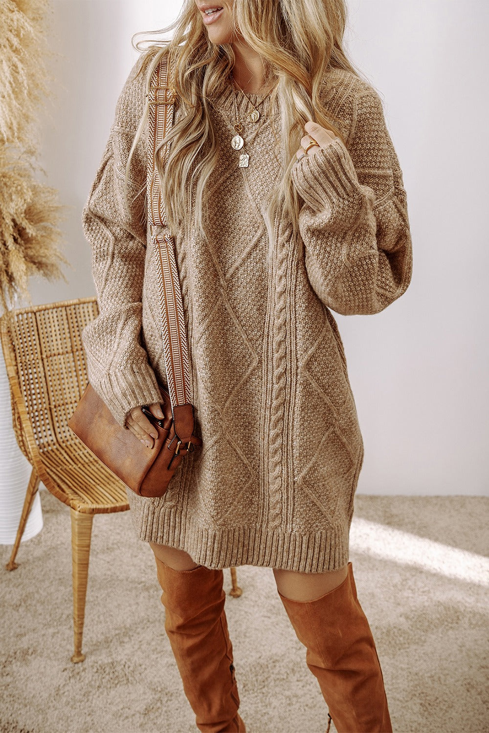 Cable-Knit Round Neck Sweater Dress - Classique Collection