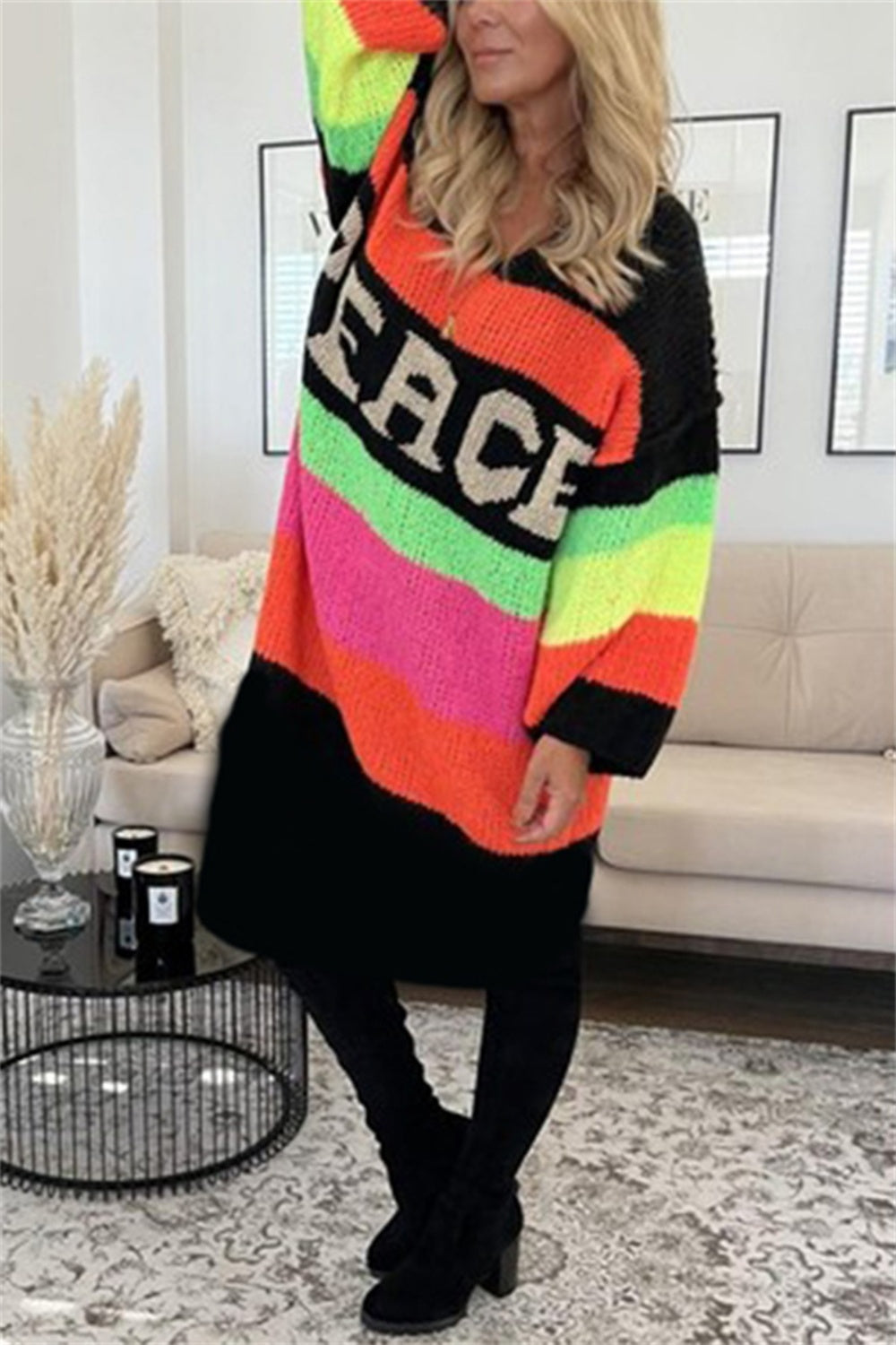Color Block V-Neck Long Sleeve Sweater Dress - Classique Collection