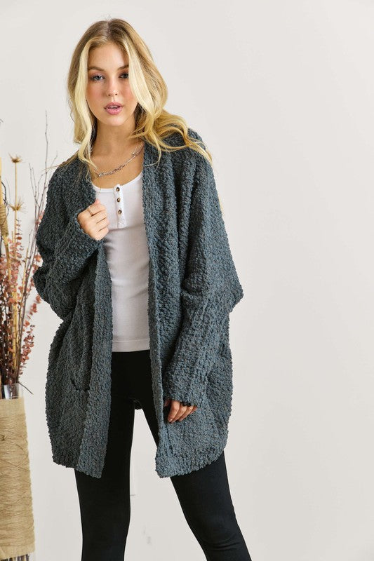 ADORA Popcorn Knit Open Front Long Sleeve Cardigan - ClassiQ