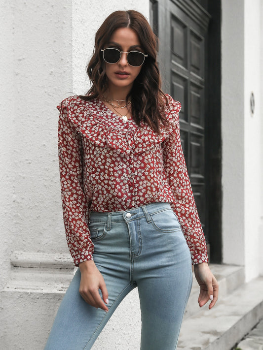 Printed Statement Collar Long Sleeve Blouse - Classique Collection