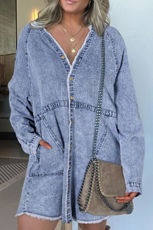 Raw Hem Button Down Long Sleeve Denim Dress - Classique Collection