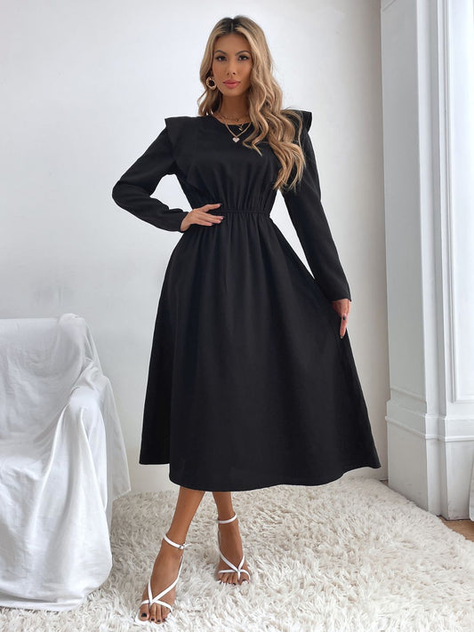 Ruched Ruffled Round Neck Long Sleeve Dress - Classique Collection