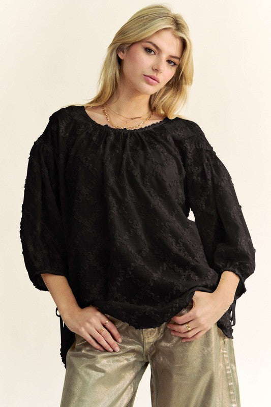 Davi & Dani Tied Round Neck Mesh Blouse - ClassiQ