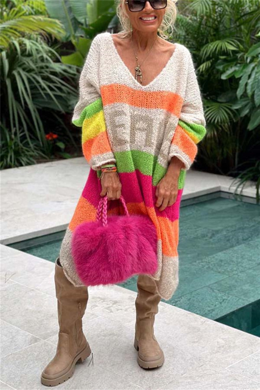 Color Block V-Neck Long Sleeve Sweater Dress - Classique Collection