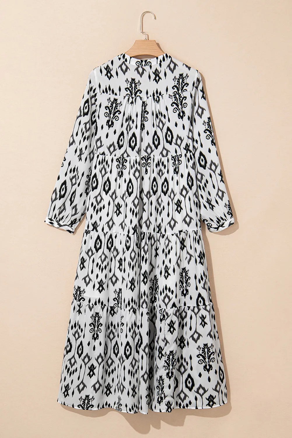 Tiered Printed Notched Long Sleeve Midi Dress - Classique Collection