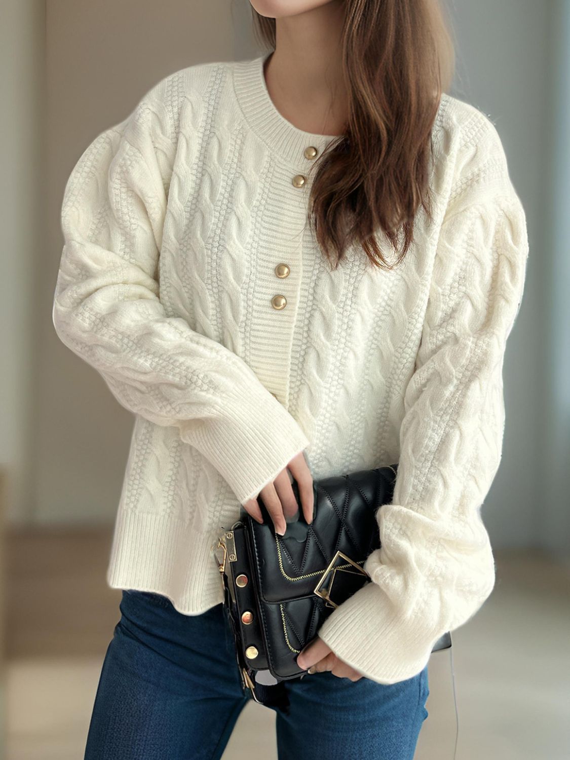 Cable-Knit Round Neck Long Sleeve Cardigan - ClassiQ