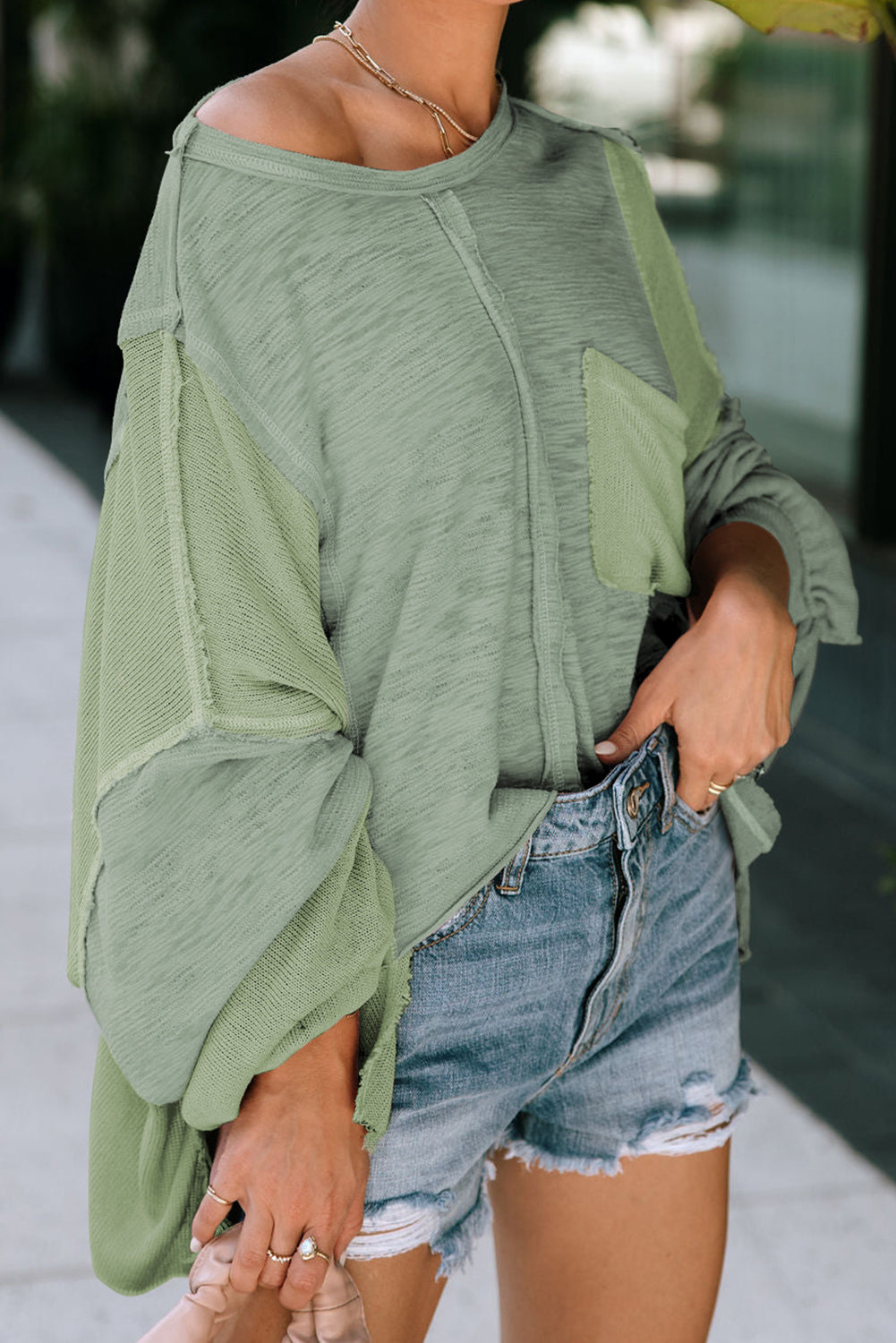 Exposed Seam Round Neck Top with Pocket - Classique Collection