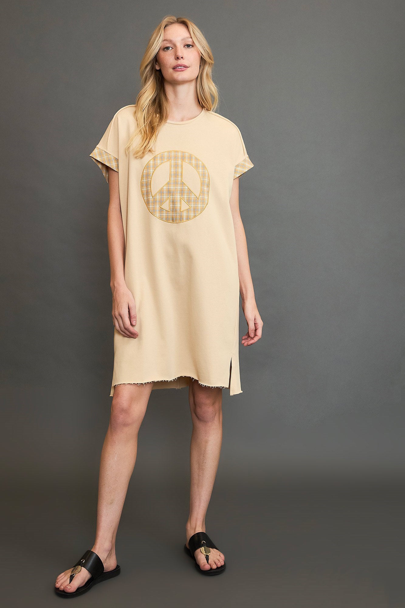Umgee Peace Plaid Applique Short Sleeve Mini Dress - Classique Collection