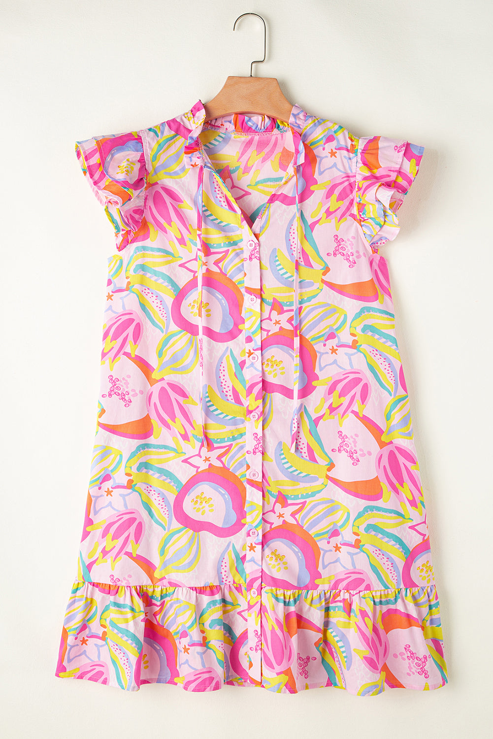Pink Abstract Floral Ruffle Trim Flutter Sleeve Buttoned Dress ClassiQ