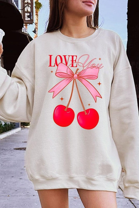 Love You Cherries Graphic Plus Fleece Sweatshirt - ClassiQ