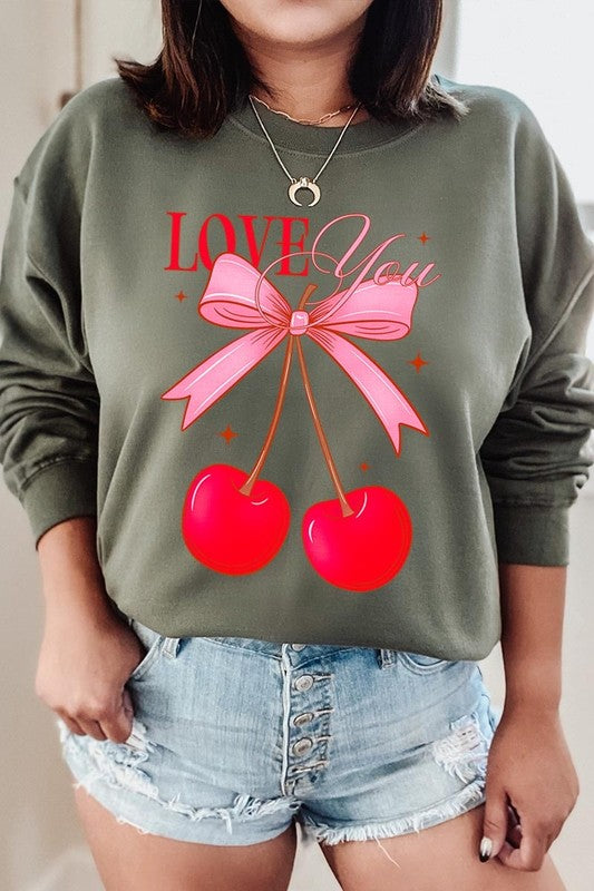 Love You Cherries Graphic Plus Fleece Sweatshirt - ClassiQ
