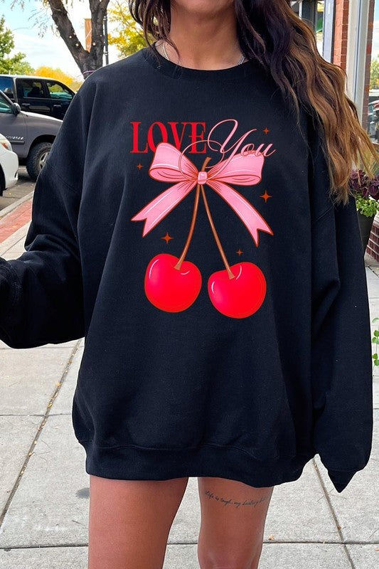 Love You Cherries Graphic Plus Fleece Sweatshirt - ClassiQ