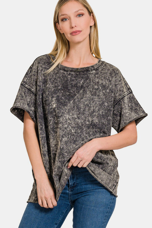 Zenana Rolled Round Neck Short Sleeve T-Shirt - Classique Collection