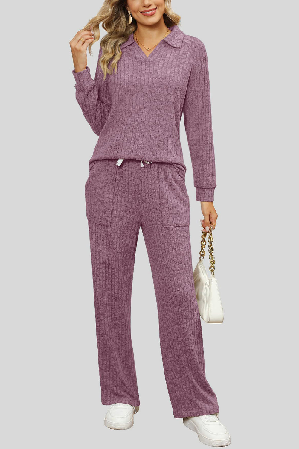 Ribbed Long Sleeve Top and Pocketed Pants Set - ClassiQ