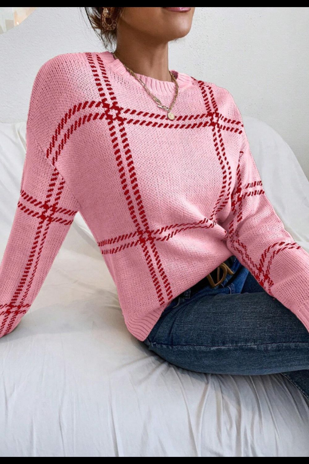 Contrast Round Neck Long Sleeve Sweater - ClassiQ