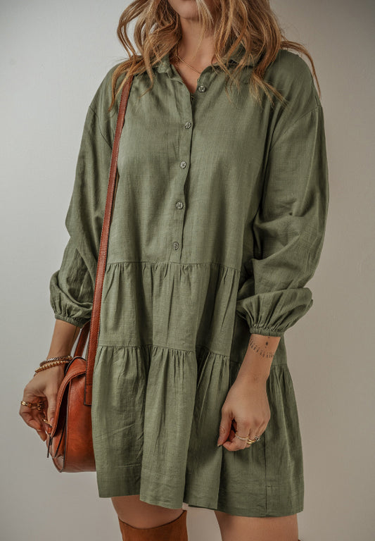 Tiered Collared Neck Balloon Sleeve Shirt Dress - Classique Collection