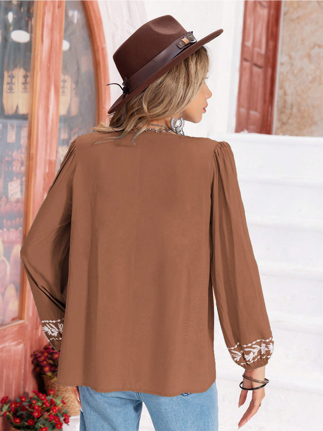 Floral Tie Neck Balloon Sleeve Blouse - Classique Collection