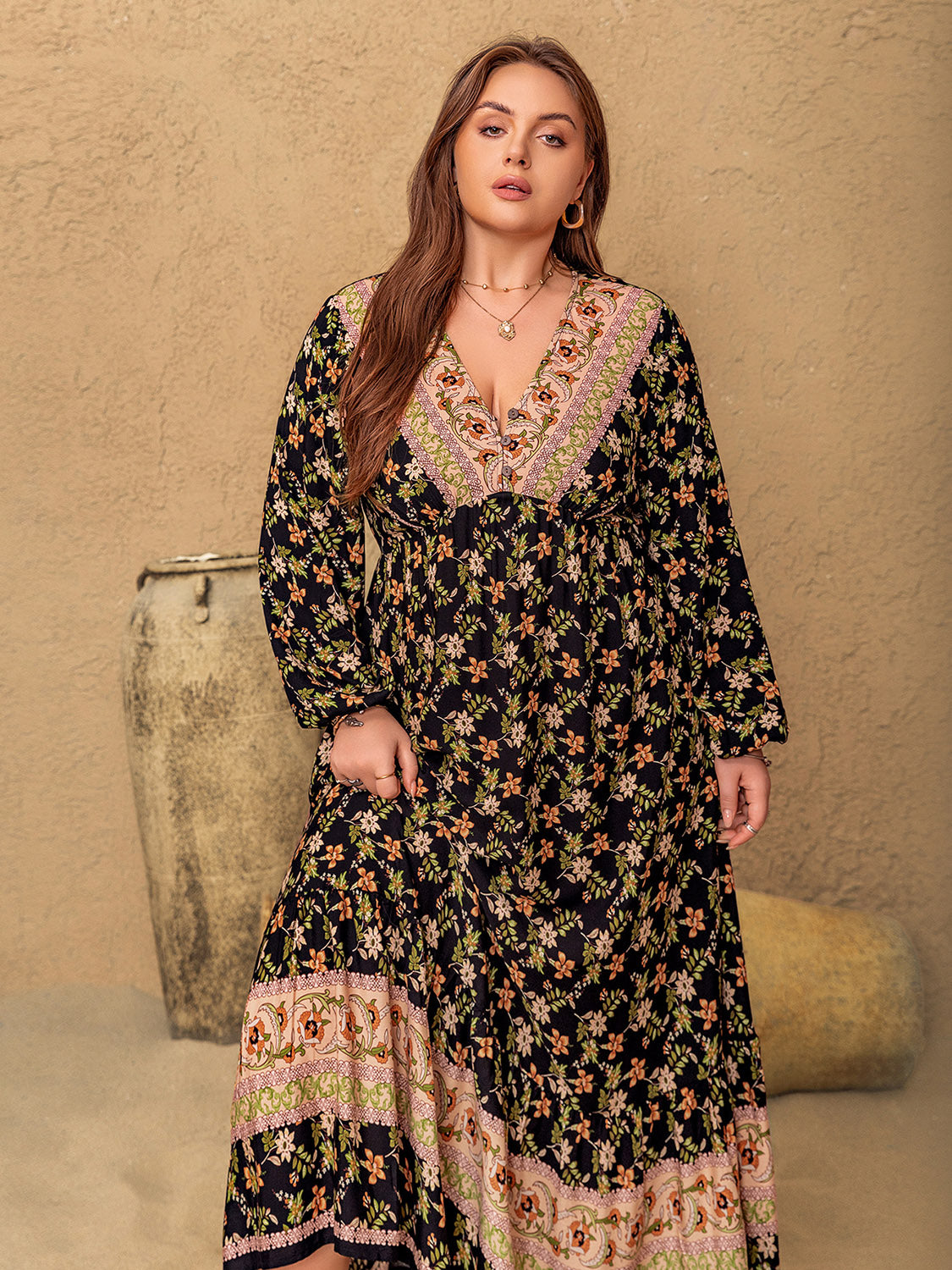 Plus Size Floral V-Neck Balloon Sleeve Dress - Classique Collection