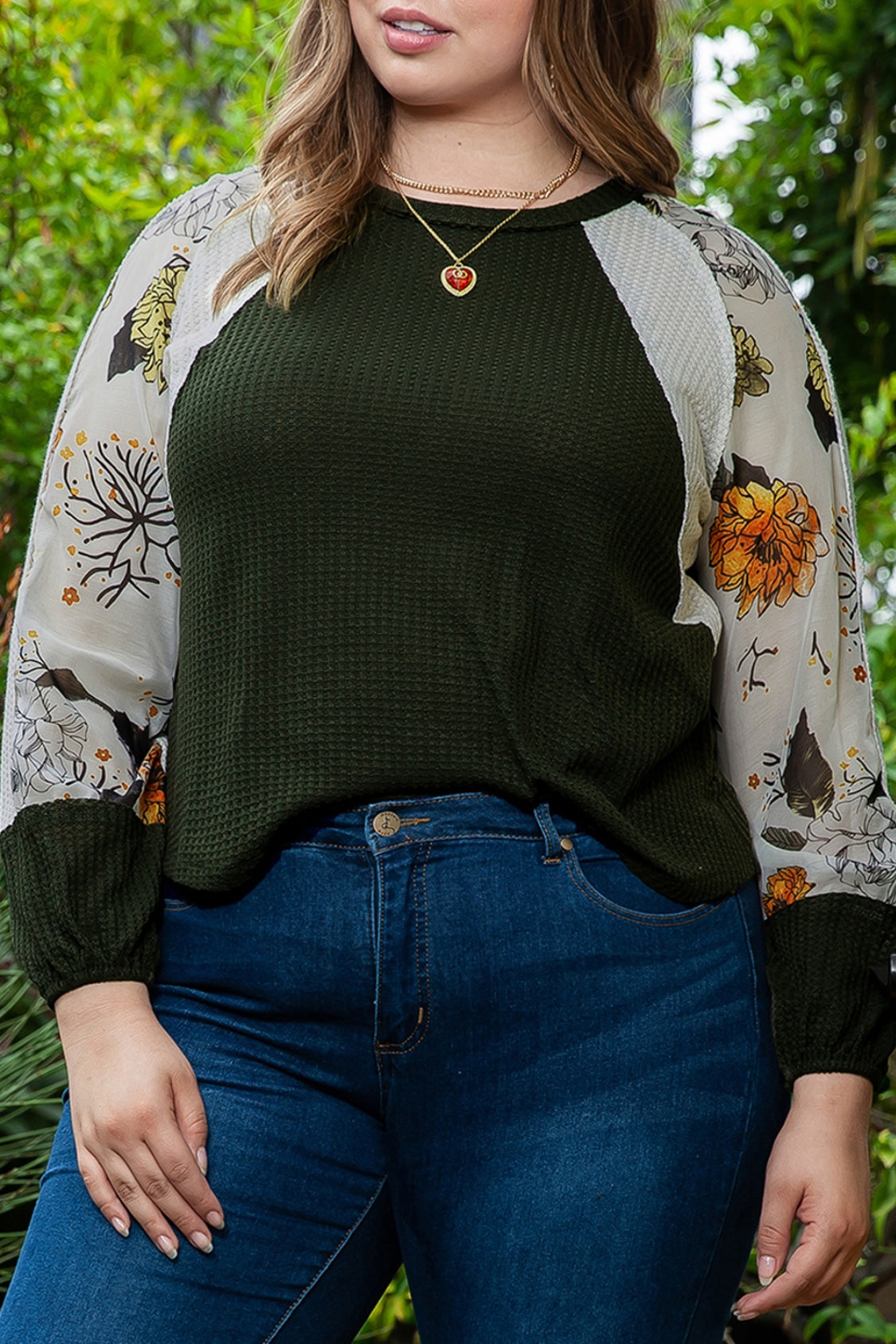 Plus Size Floral Waffle-Knit Round Neck Blouse - Classique Collection