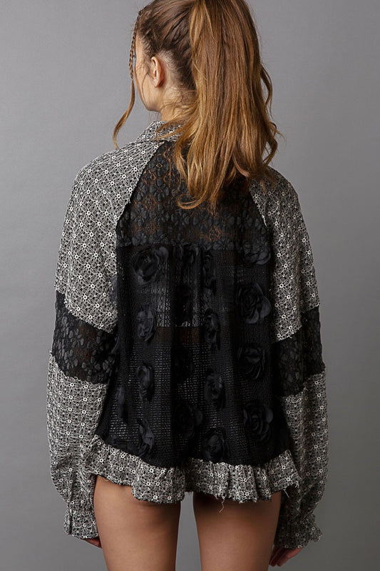 POL Eyelet Flower Pearl Detail Lace Patchwork Shirt - Classique Collection