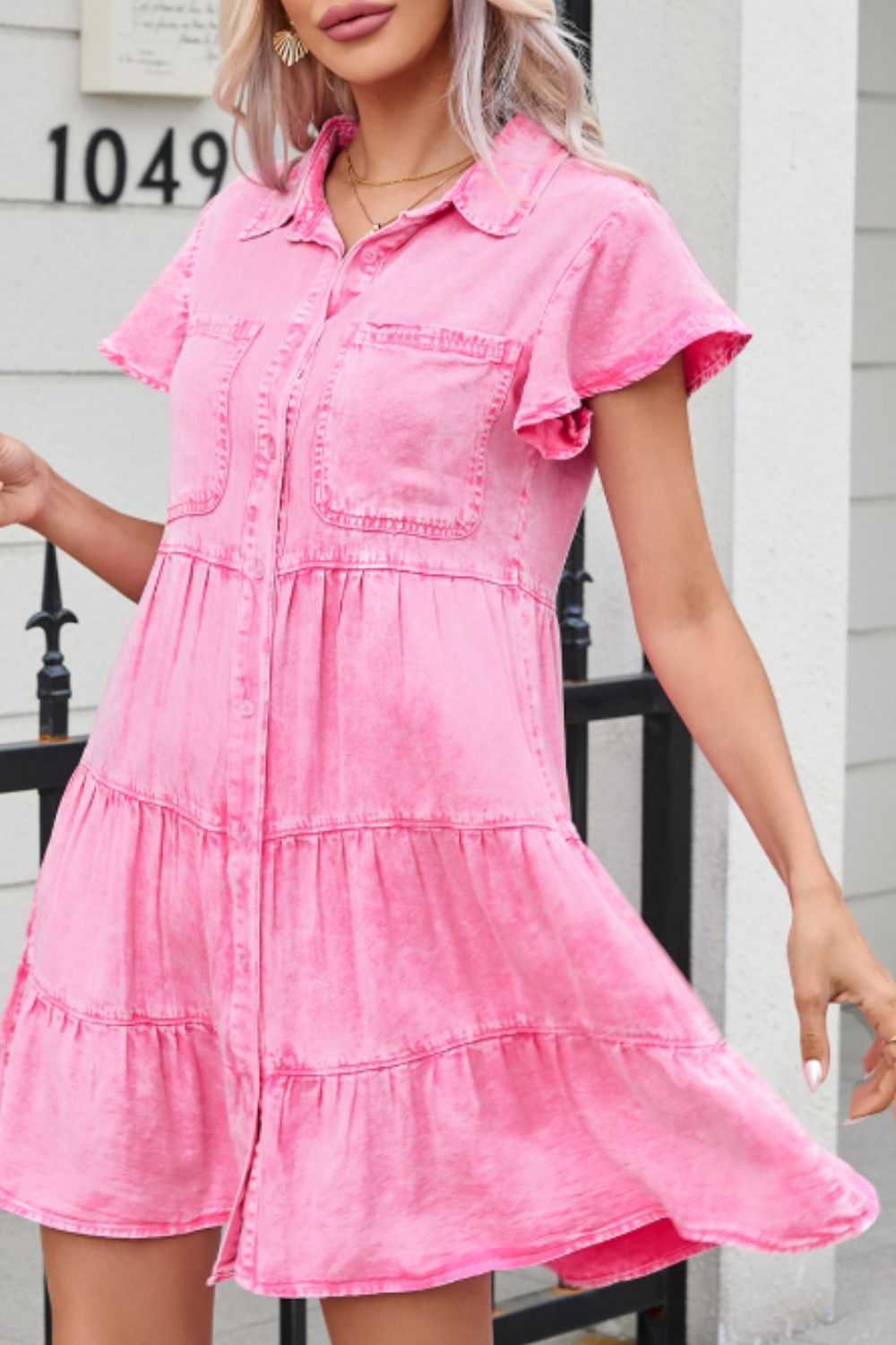 Collared Neck Button Down Mini Denim Dress - Classique Collection
