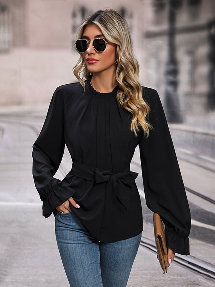 Perfee Round Neck Tie Waist Long Sleeve Blouse - Classique Collection