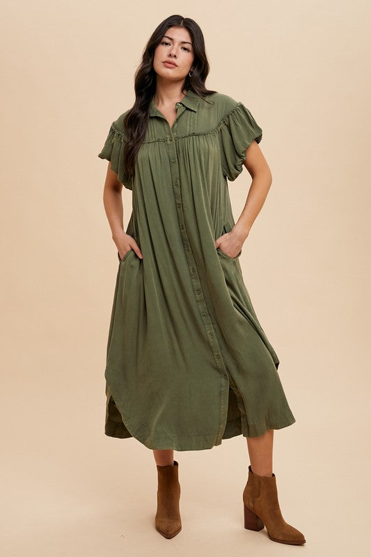 Annie Wear Mineral Washed Button Down Puff Sleeve Shirt Dress - ClassiQ