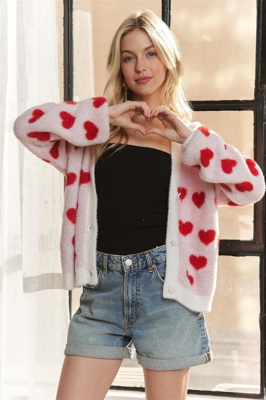 ADORA Fuzzy Heart Button Down Cardigan - ClassiQ
