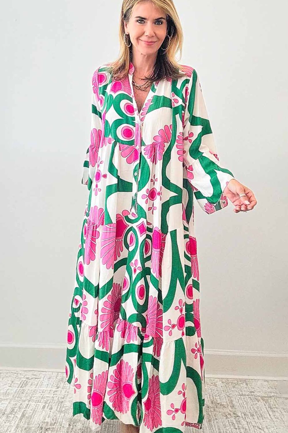 Printed Notched Long Sleeve Maxi Dress - Classique Collection