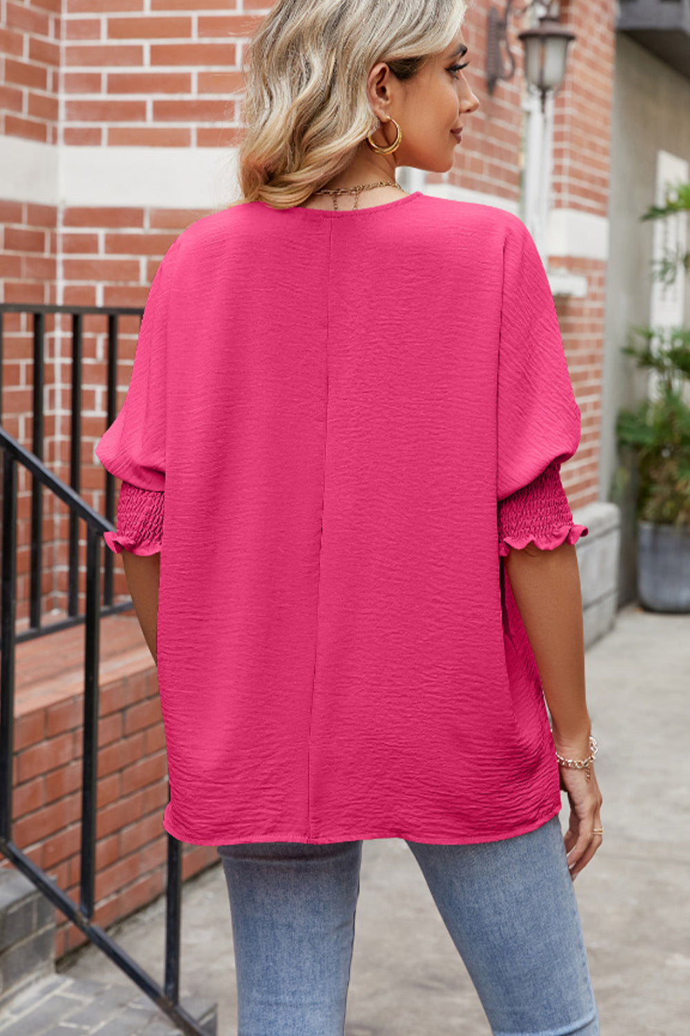 Round Neck Smocked Lantern Sleeve Blouse - Classique Collection