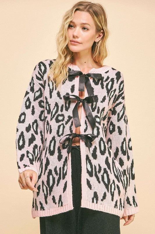 Davi & Dani Leopard Ribbon Tie Front Loose Fit Cardigan - ClassiQ