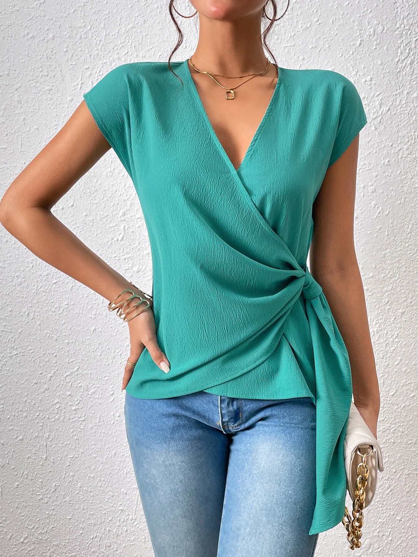 Honey Tied Surplice Neck Short Sleeve Blouse - Classique Collection